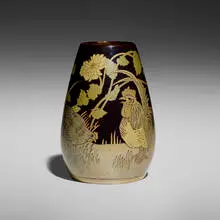 Zsolnay, Japonesque vase with rooster, hen, and chrysanthemums, c. 1900, eosin-glazed earthenware