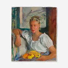 Alice Stoddard, Portrait with Fruit Bowl, oil on canvas