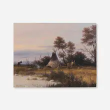 Indian Camp by Gene Speck, 1994, oil on board, sold Oct 2023