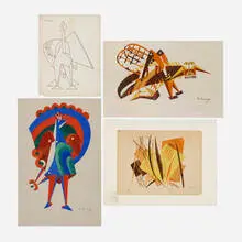 Mikhail Larionov, Four works from the L'Art décoratif théâtral moderne portfolio, 1919, pochoir in colors