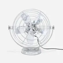 Tabletop fan by Roto-Beam Corporation, c. 1935, chrome-plated steel, zinc-plated steel, aluminum, sold Feb 2024