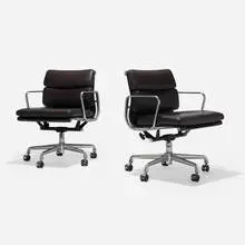 Soft Pad Management chairs, pair by Charles and Ray Eames, 1958 / 2012, leather, aluminum, enameled steel, sold Feb 2024