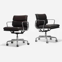 Soft Pad Management chairs, pair by Charles and Ray Eames, 1958 / 2012, leather, aluminum, enameled steel, sold Feb 2024