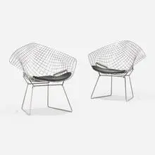 Diamond chairs, pair by Harry Bertoia, chrome-plated steel, leather, sold Feb 2024