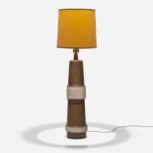 Table lamp, model M145-35-1 by Gordon and Jane Martz, c. 1955, glazed earthenware, walnut, fabric shade, sold Feb 2024
