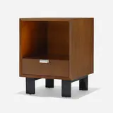 Nightstand, model 4618 by George Nelson & Associates, 1946, walnut, lacquered wood, polished aluminum, sold Feb 2024