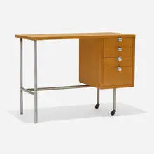 Desk, model 4752 by George Nelson & Associates, primavera, matte chrome-plated steel, stainless steel, sold Feb 2024