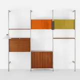 CSS (Comprehensive Storage System) by George Nelson & Associates, 1959, walnut, aluminum, lacquered board, enameled steel, plastic, laminate, sold Feb 2024