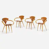 Norman Cherner, Armchairs, set of four, 1958, walnut and beech plywood