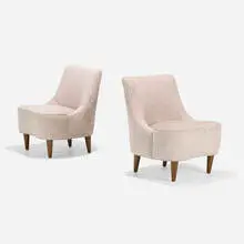 Lounge chairs model 5106, pair by Edward Wormley, c. 1955, walnut, upholstery, sold Feb 2024