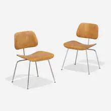Charles and Ray Eames, DCMs, pair, aniline-dyed birch plywood, chrome-plated steel, rubber