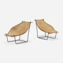 John Risley, Duyan lounge chairs, pair, c. 1952, enameled steel, rattan, bamboo