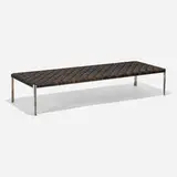 Bench, model no. 11C by Ross F. Littell and Douglas Kelley William Katavolos, 1952, chrome-plated steel, leather straps, sold Feb 2024