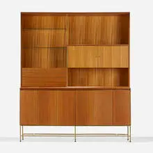 Irwin Collection cabinet, models 8506 and 8006 by Paul McCobb, 1952, mahogany, brass, glass, sold Feb 2024