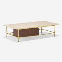 Irwin Collection coffee table, model 8705 by Paul McCobb, 1952, travertine, mahogany, brass, sold Feb 2024