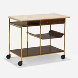 Paul McCobb, Irwin Collection bar cart, model 9203, 1952, brass-plated steel, mahogany, travertine, casters