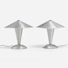 Table lamps model AF 4, pair by Walter von Nessen, c. 1938, aluminum, enameled brass, sold Feb 2024