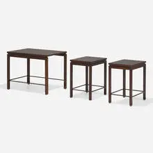 Nesting tables, set of three by Edward Wormley, c. 1960, mahogany, plated brass, sold Feb 2024