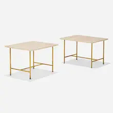 Directional occasional tables model 8722, pair by Paul McCobb, c. 1955, brass, travertine, sold Feb 2024
