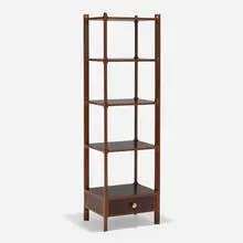 Étagère, model 6775 by Edward Wormley, 1967, walnut, walnut burl veneer, brass, sold Feb 2024