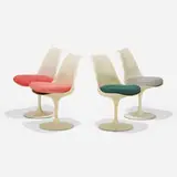 Tulip chairs model 151, set of four by Eero Saarinen, molded fiberglass, enameled aluminum, upholstery, sold Feb 2024