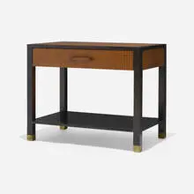 Occasional table by Harvey Probber, c. 1965, walnut, stained mahogany, laminate, brass, sold Feb 2024