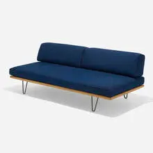Daybed, model 5088 by George Nelson & Associates, 1948, upholstery, birch, aluminum, matte chrome-plated steel, sold Feb 2024