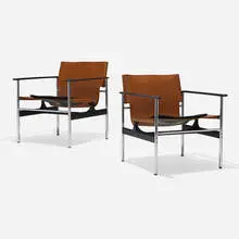 Charles Pollock, Sling chairs model 657, pair, 1964 / 1978, leather, chrome-plated steel, enameled aluminum