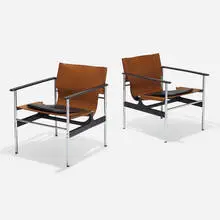 Charles Pollock, Sling chairs model 657, pair, 1964, leather, chrome-plated steel, enameled aluminum