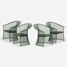 Sculptura armchairs, set of four by Russell Woodard, c. 1960, painted steel, painted wood, sold Feb 2024