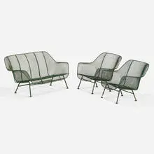 Sculptura settee and lounge chairs, set of three by Russell Woodard, c. 1965, painted steel, sold Feb 2024