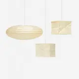 Collection of three Akari light sculptures by Isamu Noguchi, 1951, 1968, washi paper, enameled steel, bamboo, sold Feb 2024