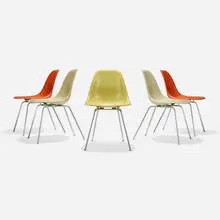 DSXs, set of five by Charles and Ray Eames, molded fiberglass, zinc-plated steel, plastic, sold Feb 2024