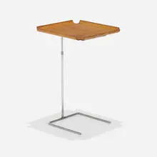Tray table, model 4950 by George Nelson & Associates, 1949, walnut plywood, chrome-plated steel, sold Feb 2024