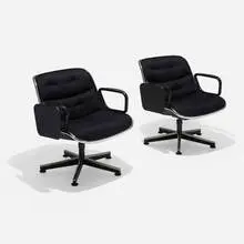 Charles Pollock, Executive chairs with drop-down tray tables, pair, molded plastic, chrome-plated and enameled metal, enameled steel, fabric