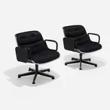 Charles Pollock, Executive chairs with drop-down tray tables, pair, molded plastic, chrome-plated and enameled metal, enameled steel, fabric
