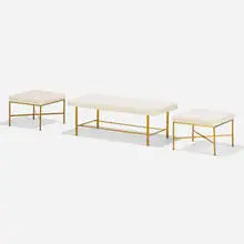 Paul McCobb, Bench and stools model 1306, pair, 1954, brass, upholstery