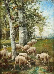 Sheep Grazing by George-Arthur Jacquin, Oil on canvas, sold Apr 2015