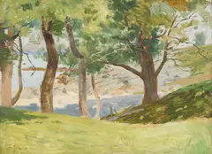 Under the Trees at Cushing Island by Charles Francis Browne, Oil on panel, offered Apr 2015