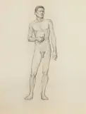 Allyn Cox, Standing Male Nude Holding Book, STANDING MALE NUDE HOLDING BOOK, charcoal on paper