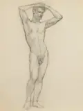 Allyn Cox, Standing Male Nude Hands on Head, STANDING MALE NUDE HANDS ON HEAD, charcoal on paper
