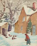 Peter S. Wagner, Feeding Chickens in the Snow, Watercolor