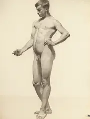 Rudolph C. Mueller, Standing Male Nude with Hand on Hip, STANDING MALE NUDE WITH HAND ON HIP, charcoal