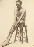 Rudolph C. Mueller, Male Seated Nude with Rope, MALE SEATED NUDE WITH ROPE, charcoal