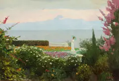Alexander Akopov, Lady with Parasol in Flower Garden by the Sea, Oil on canvas