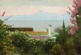 Alexander Akopov, Lady with Parasol in Flower Garden by the Sea, Oil on canvas
