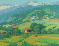 Garnet Jex, Swiss Hillside Village, Oil on canvas