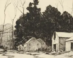 Chauncey Foster Ryder, Barnyard with Trees, BARNYARD WITH TREES, signed lower right, etching.