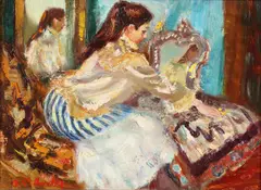 Lady at Dressing Mirror by Louis Berthomme Saint-André, Oil on panel, sold Sep 2015