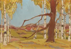 Landscape with Birch Trees by Sallie M. Gillespie, Oil on board, sold Sep 2015